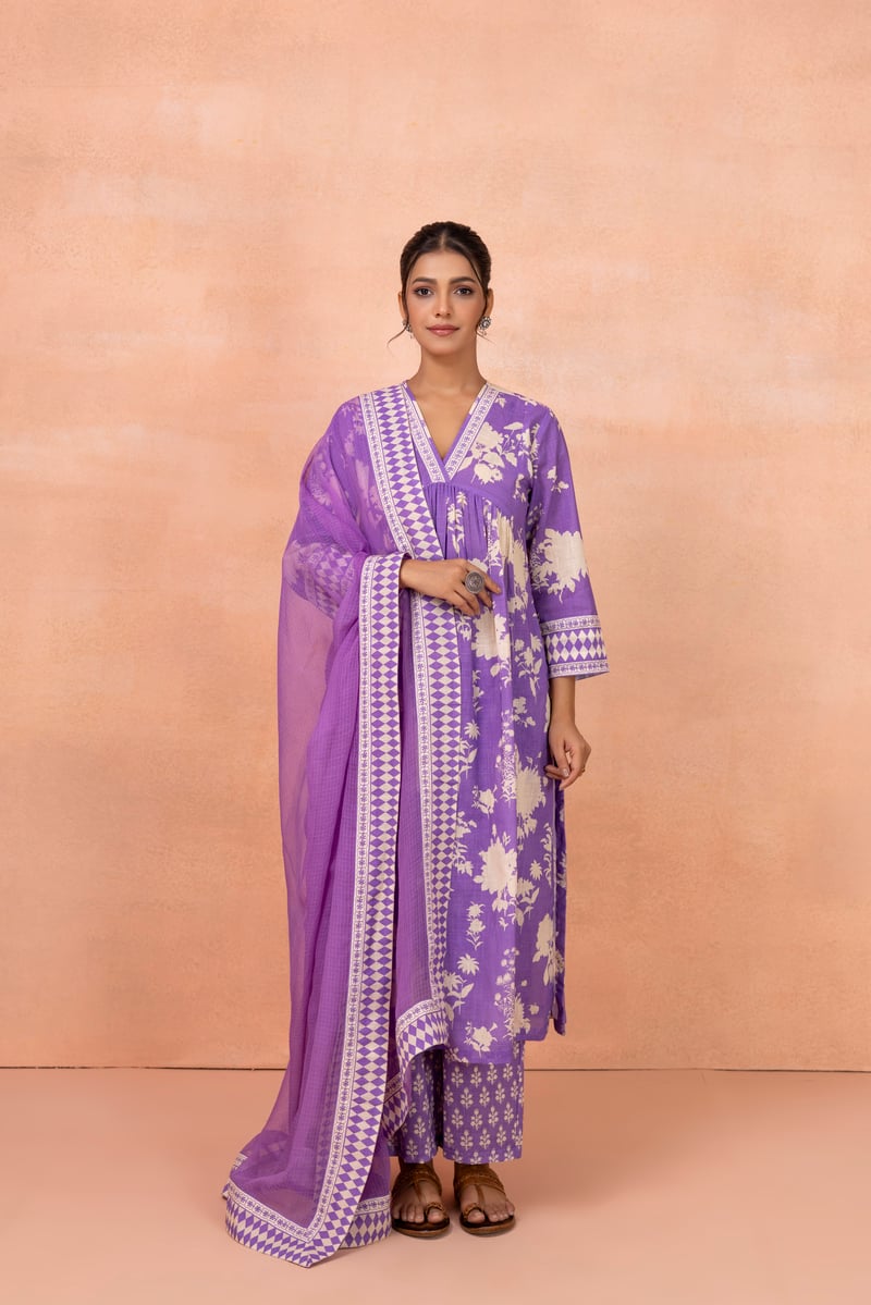 Purple Floral Printed Cotton Kurta Set with Dupatta