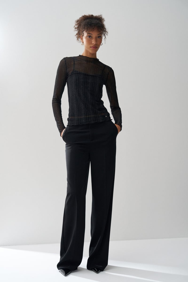Black Shimmer Mesh Round Neck Full Sleeve Top