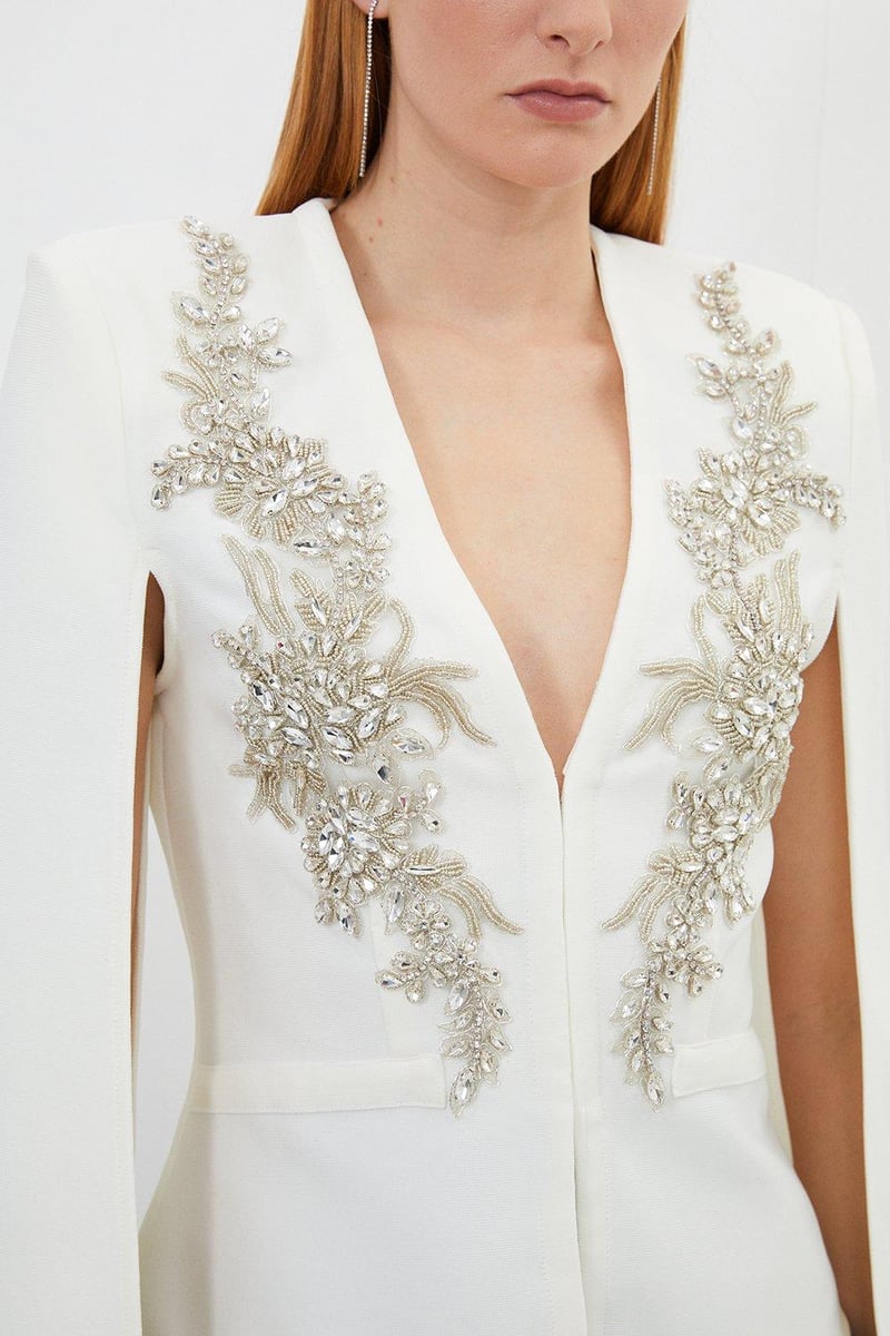 Cream Embellished Cape Sleeve Slim Fit Jacket