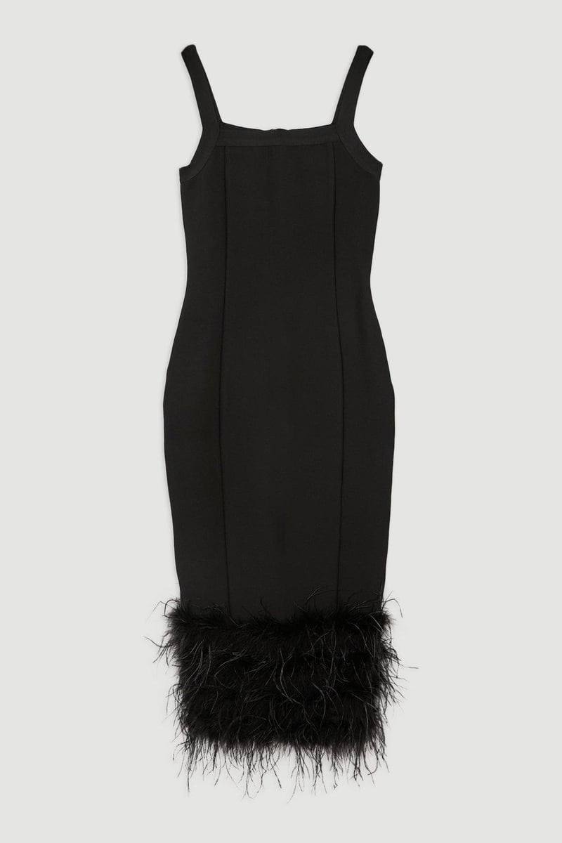 Black Bandage Knit Bodycon Midi Dress With Feather Hem