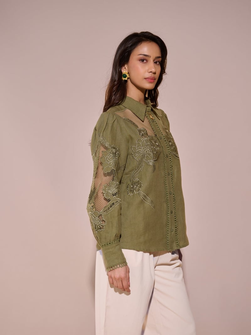 Green Linen Shirt with Sheer Lace Yoke and Sleeves