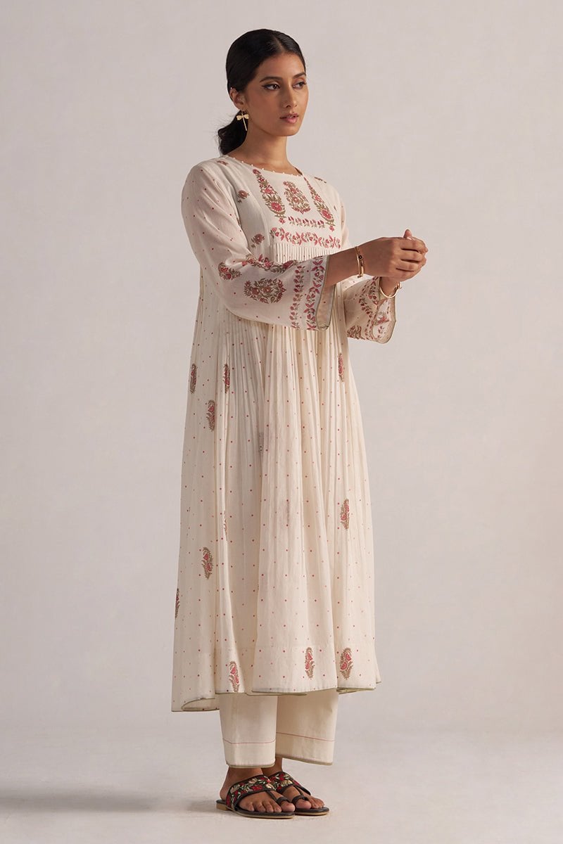 Antique White Printed A-Line Kurta and Pants Co-ord Set