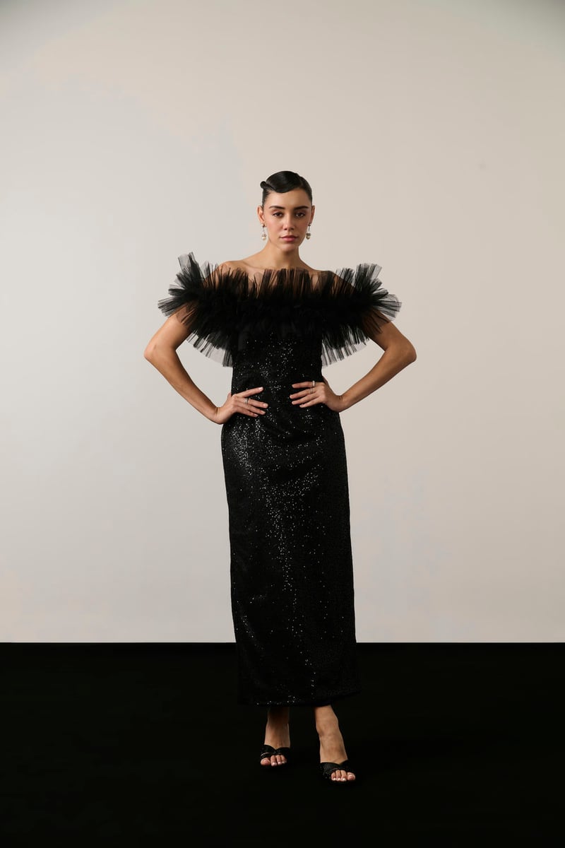 Black Sequin Off-Shoulder Ruffle Maxi Dress