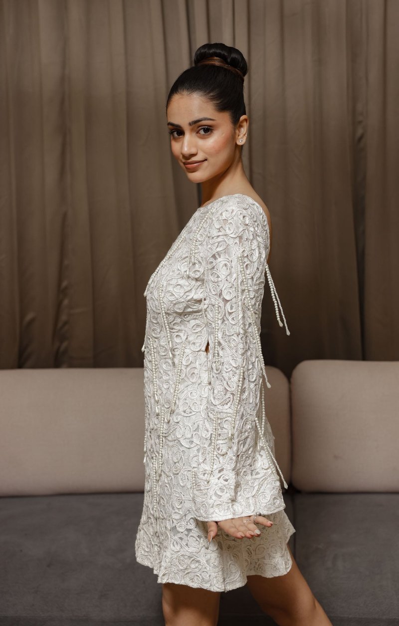 Ivory Textured Embroidered Open-Back Mini Dress