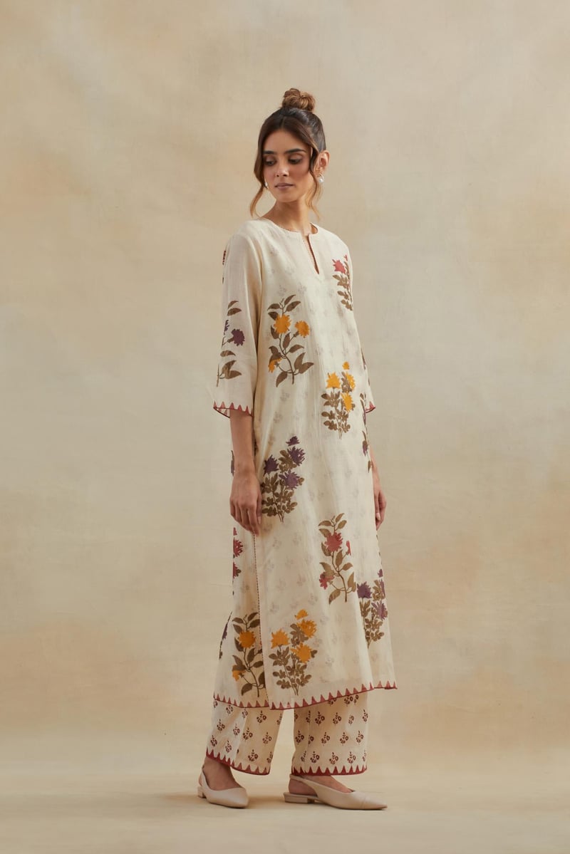 Beige Floral Block Print Straight Kurta Set with Dupatta