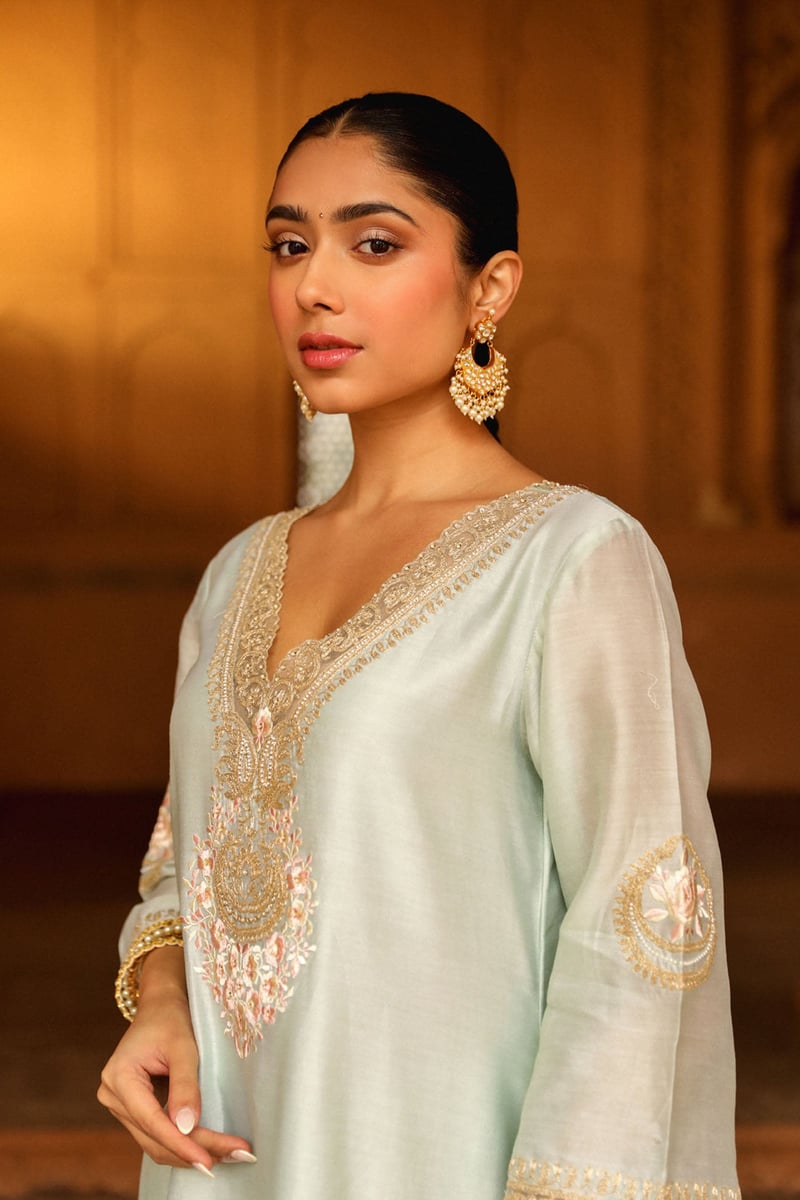 Misty Green Embroidered Long Choga Kurta Set with Salwar