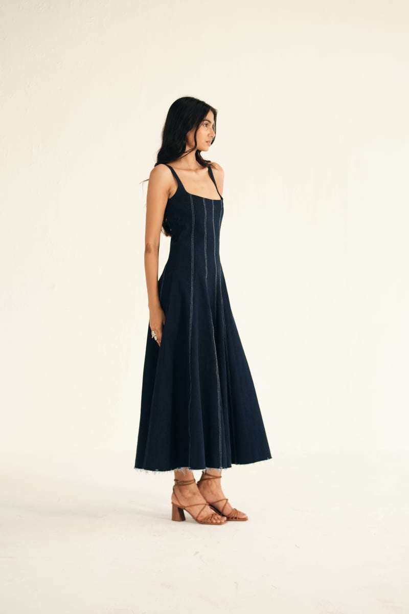 Blue Denim Square-Neck Panelled Midi Dress