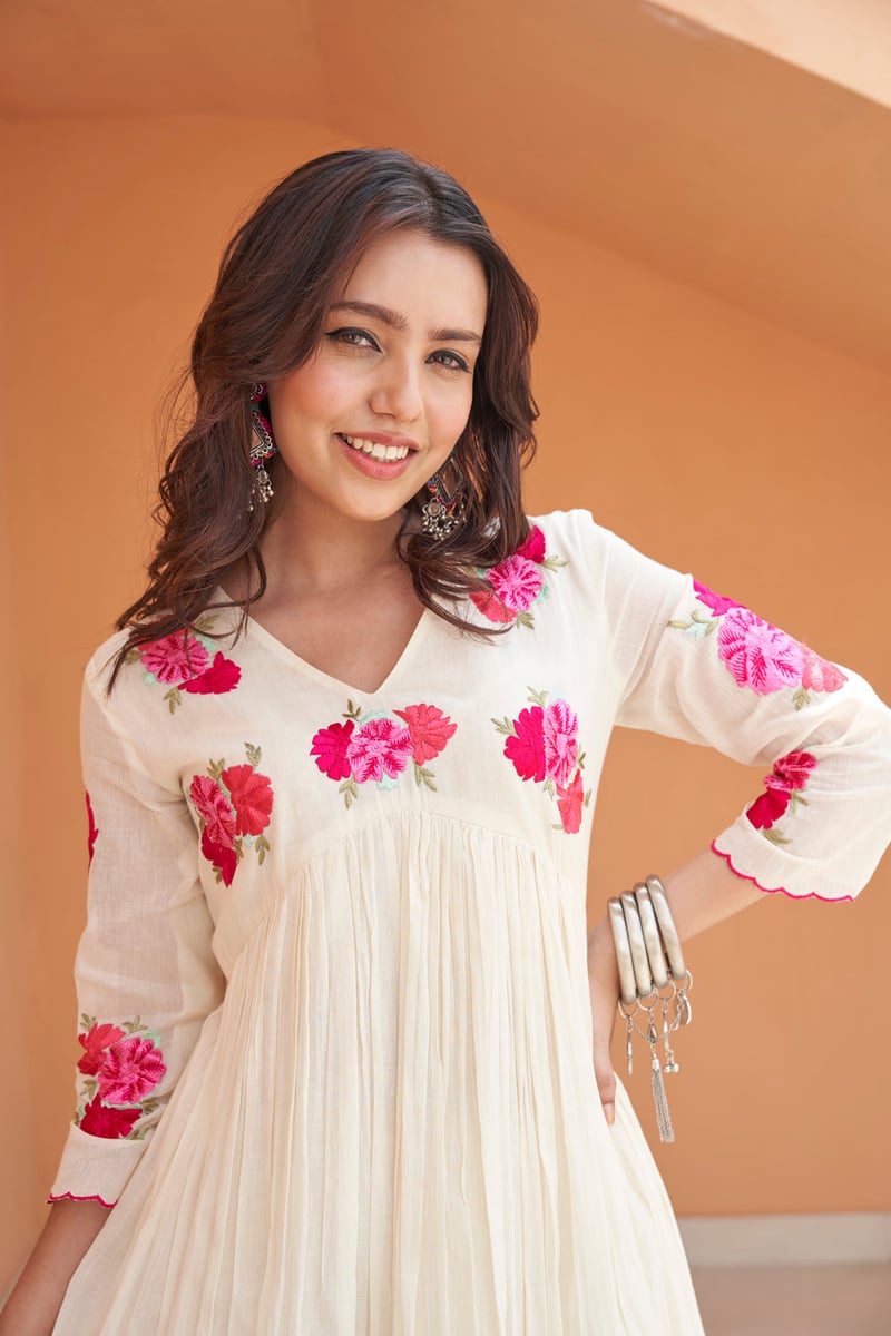 Cream Mul Mul Embroidered Flared Kurta Set with Dupatta