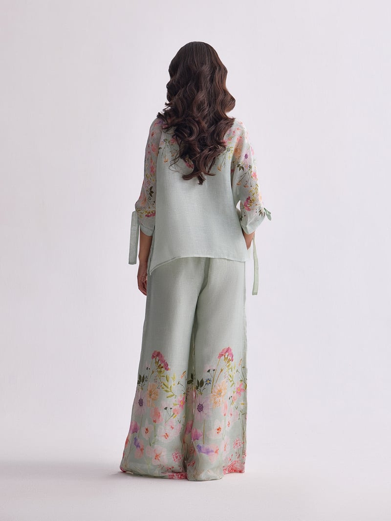 Aqua Bloom Gauze Linen Cape and Palazzo Co-ord Set