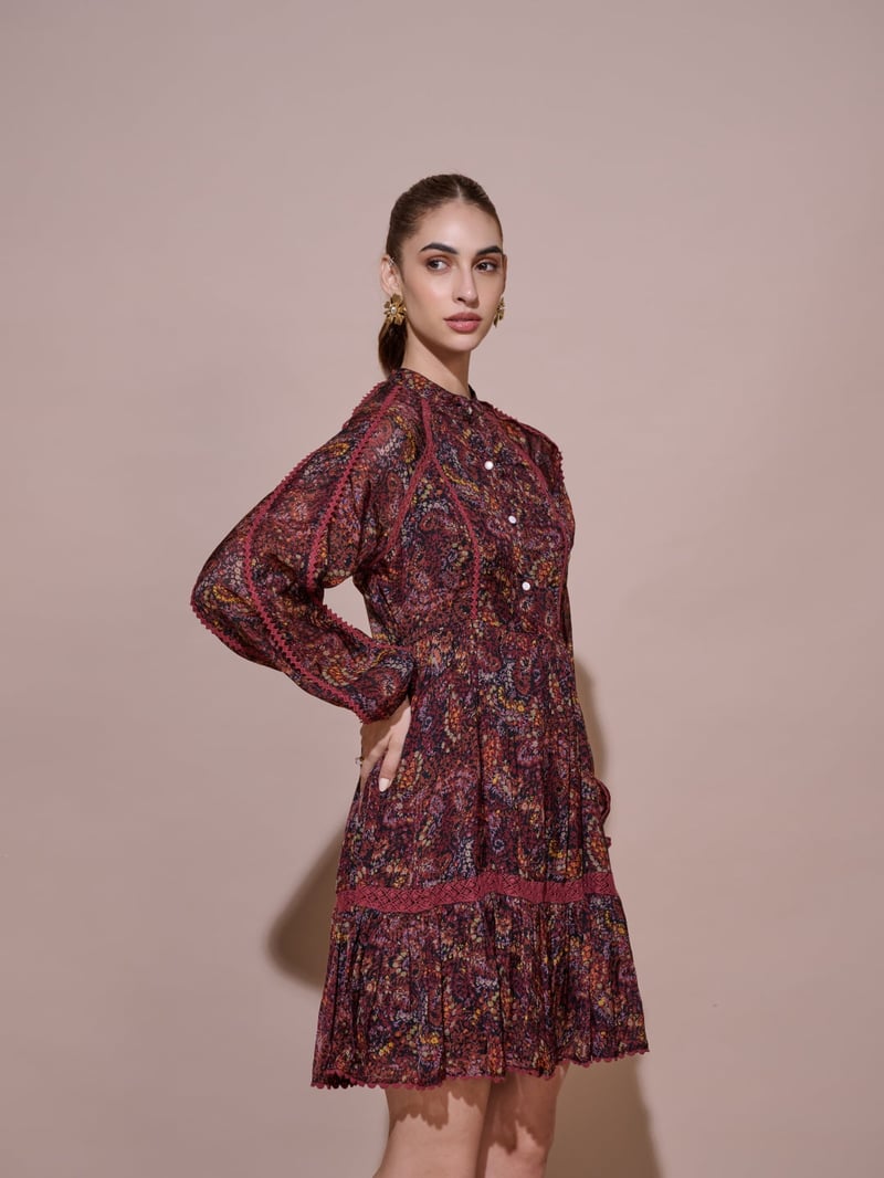 Wine Floral Printed Tiered Knee-Length Dress