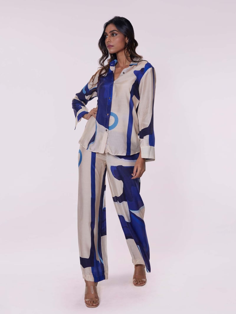 Blue Abstract Printed Shirt and Wide-Leg Pants Co-ord Set