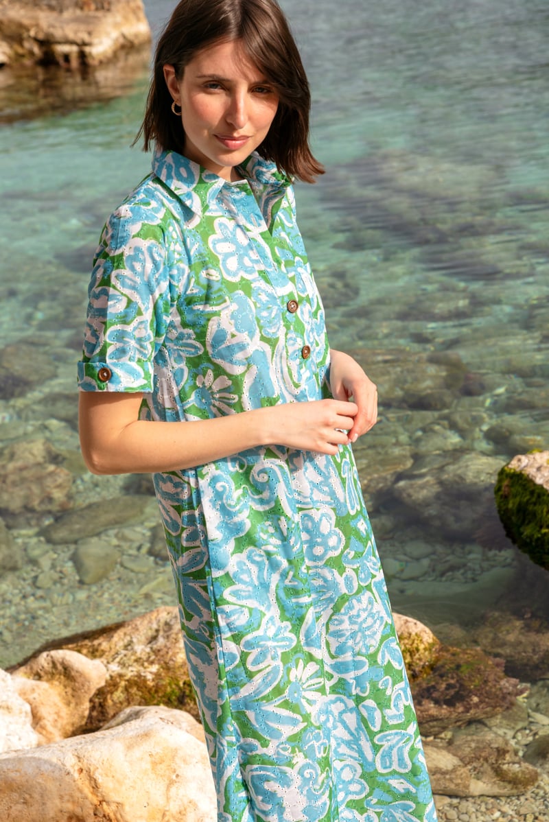 Multicolor Printed Kaftan Midi Dress with Button Front