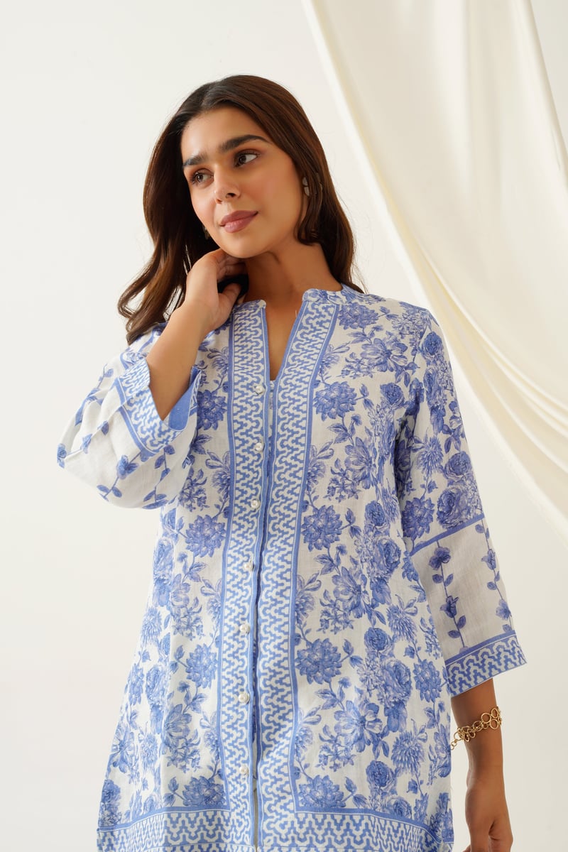 Blue and Cream Floral Printed Linen Co-ord Set