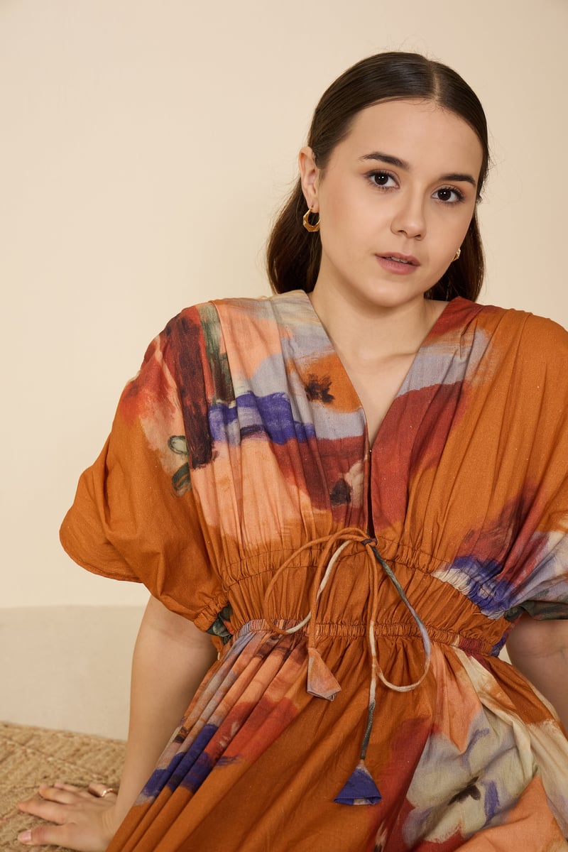 Rust Abstract Printed Cotton Poplin Maxi Dress
