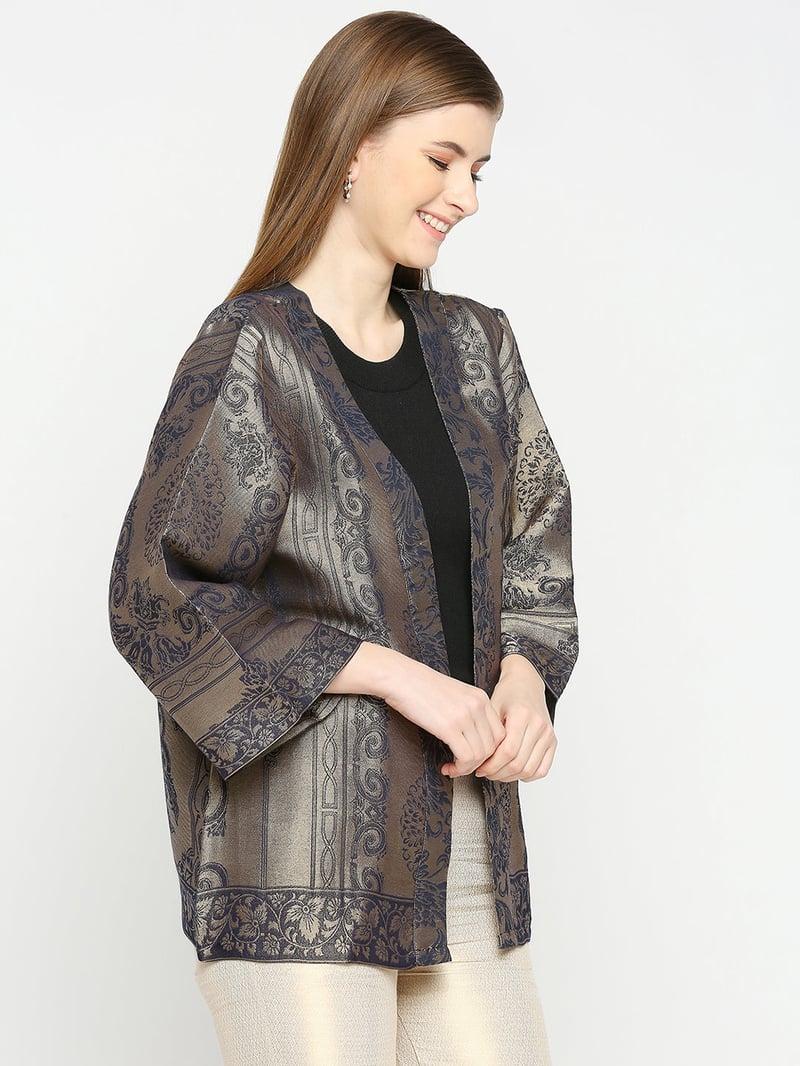 Navy Blue Metallic Brocade Kimono Jacket
