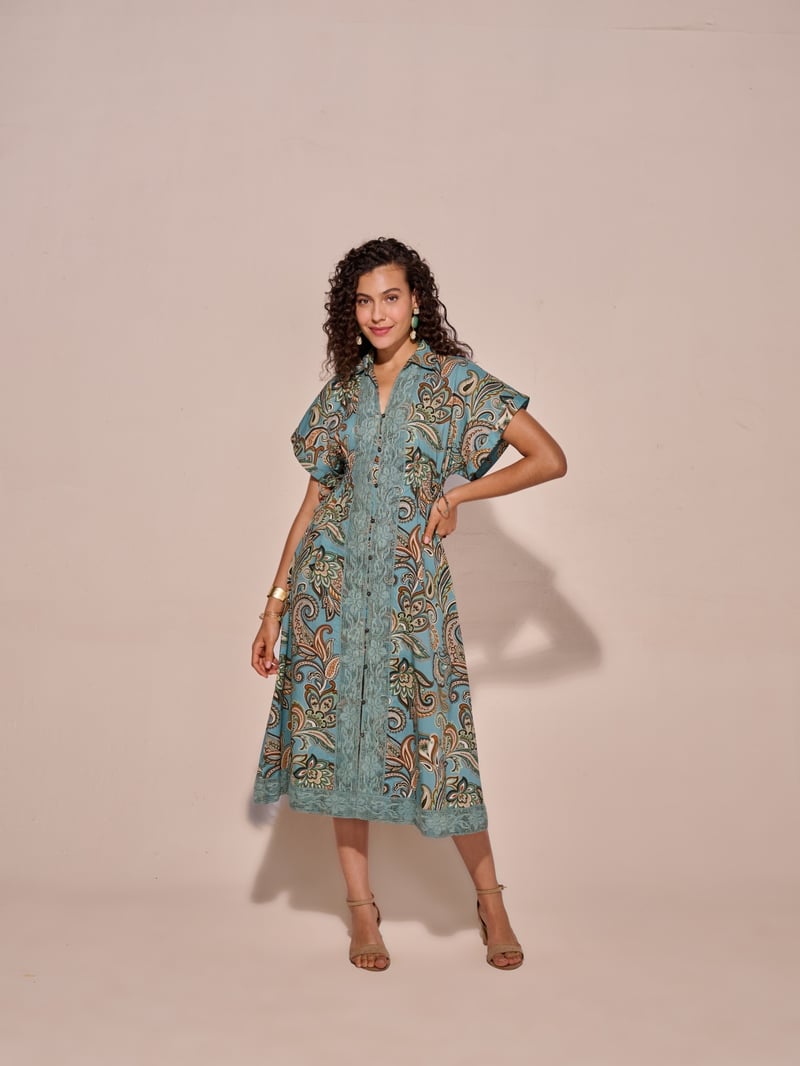 Blue Paisley Print Midi Shirt Dress with Waist Ties