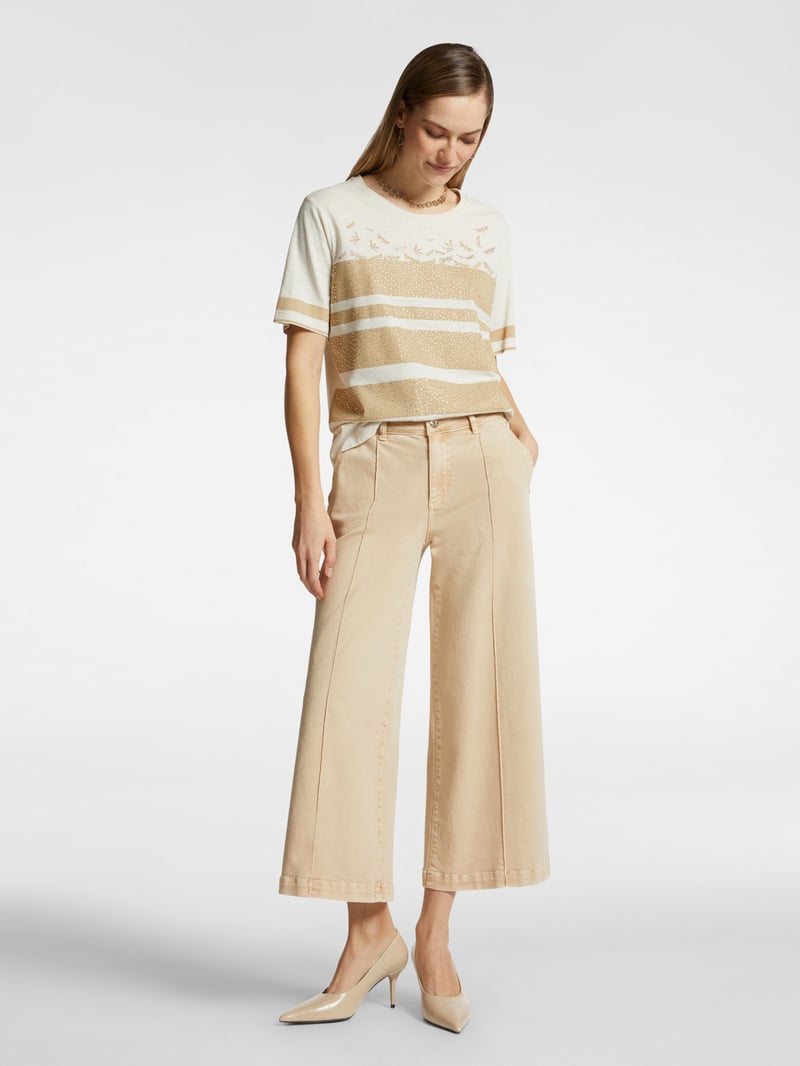 Beige Crew-Neck Striped T-Shirt with Subtle Embellishment