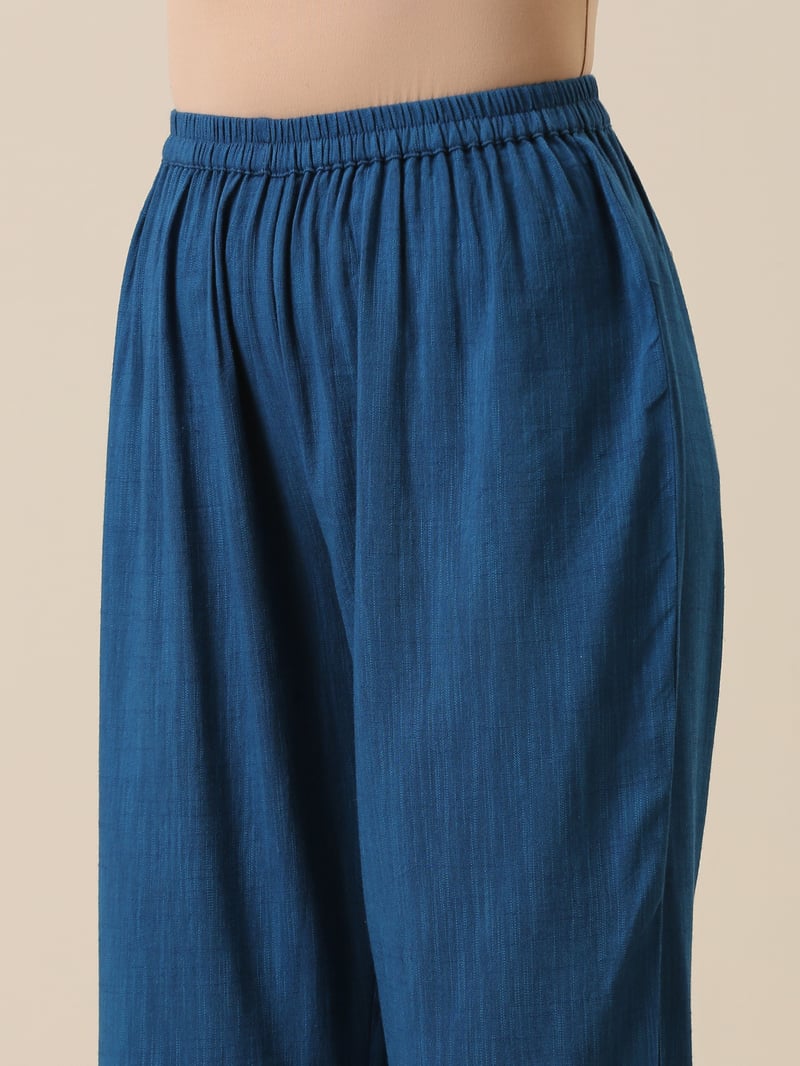 Classic Blue Slub Overlap Pleat Kurta Pant Set