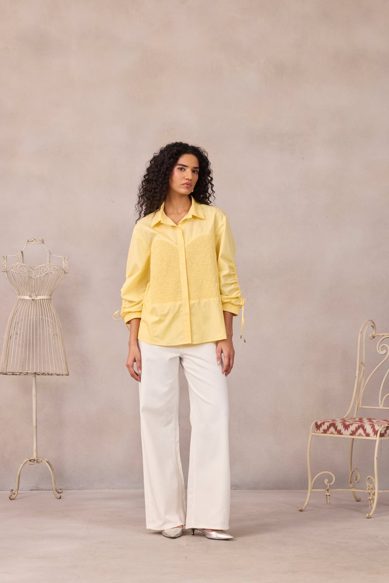 Lemon Sorbet Smocked Poplin Shirt with Ruched Sleeves