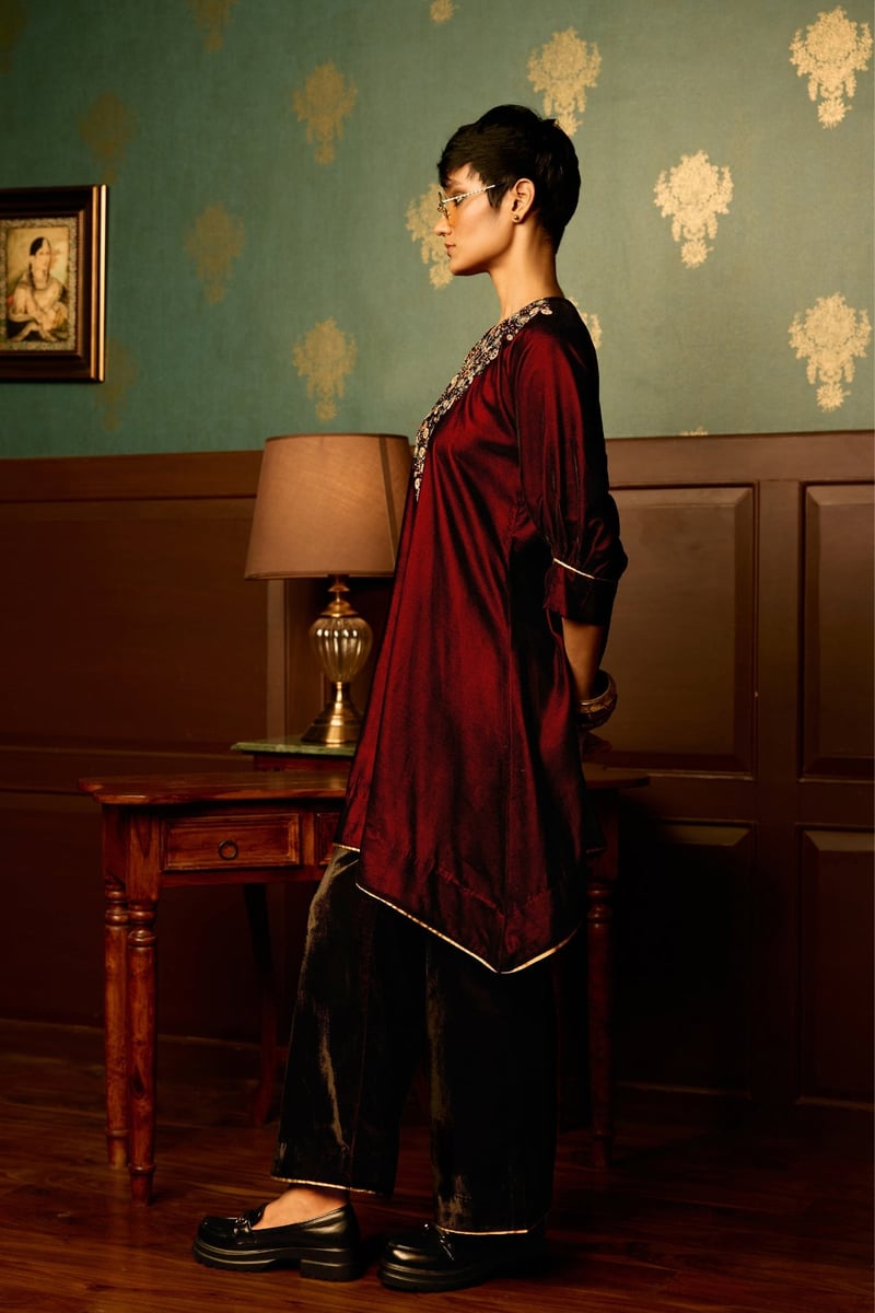 Maroon Velvet A-Line Kurta and Palazzo Set
