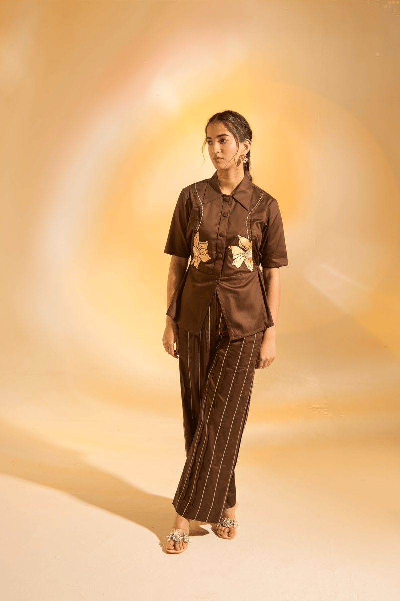 Brown Cotton Satin Embroidered Shirt and Pants Co-ord Set