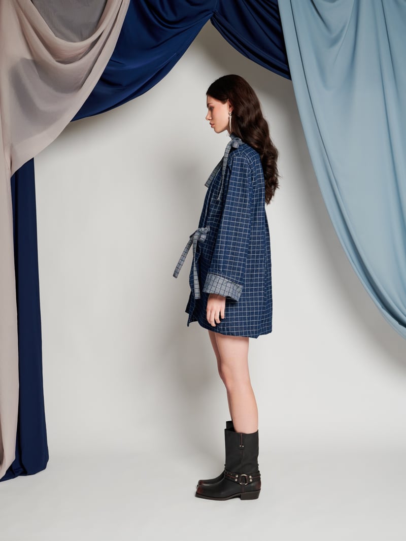 Blue Checked Oversized Wrap Mini Dress