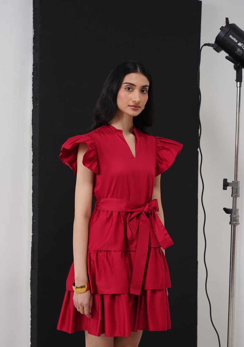 Cherry Red Tiered Mini Dress with Ruffle Sleeves