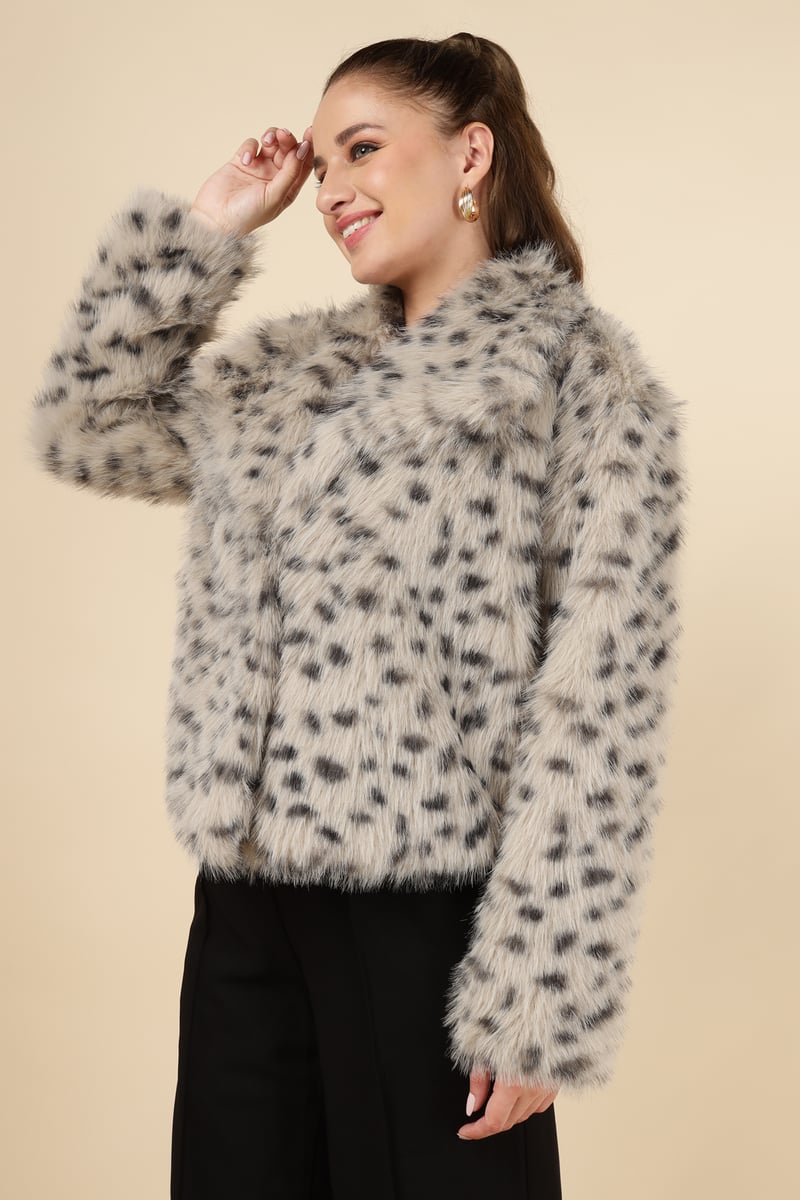 Beige Leopard Faux-Fur Cropped Jacket