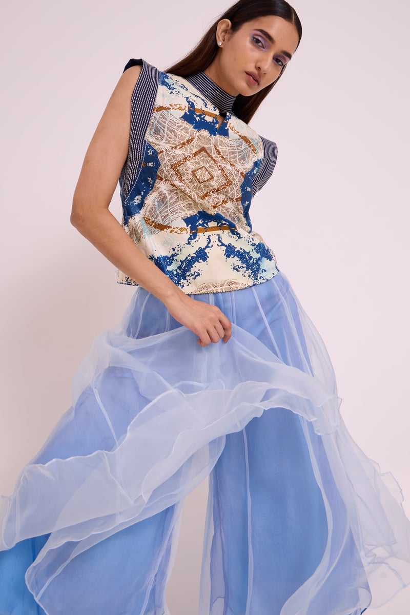 Ice Blue Printed Top and Divided Skirt Co-ord Set