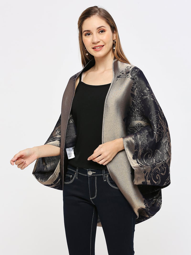 Navy Metallic Brocade Cape Shrug