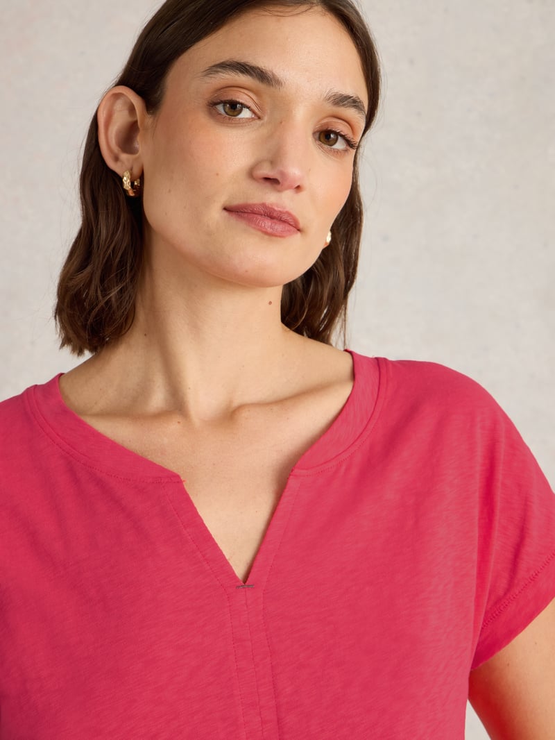 Bright Pink Notch V-Neck Cotton Jersey T-Shirt
