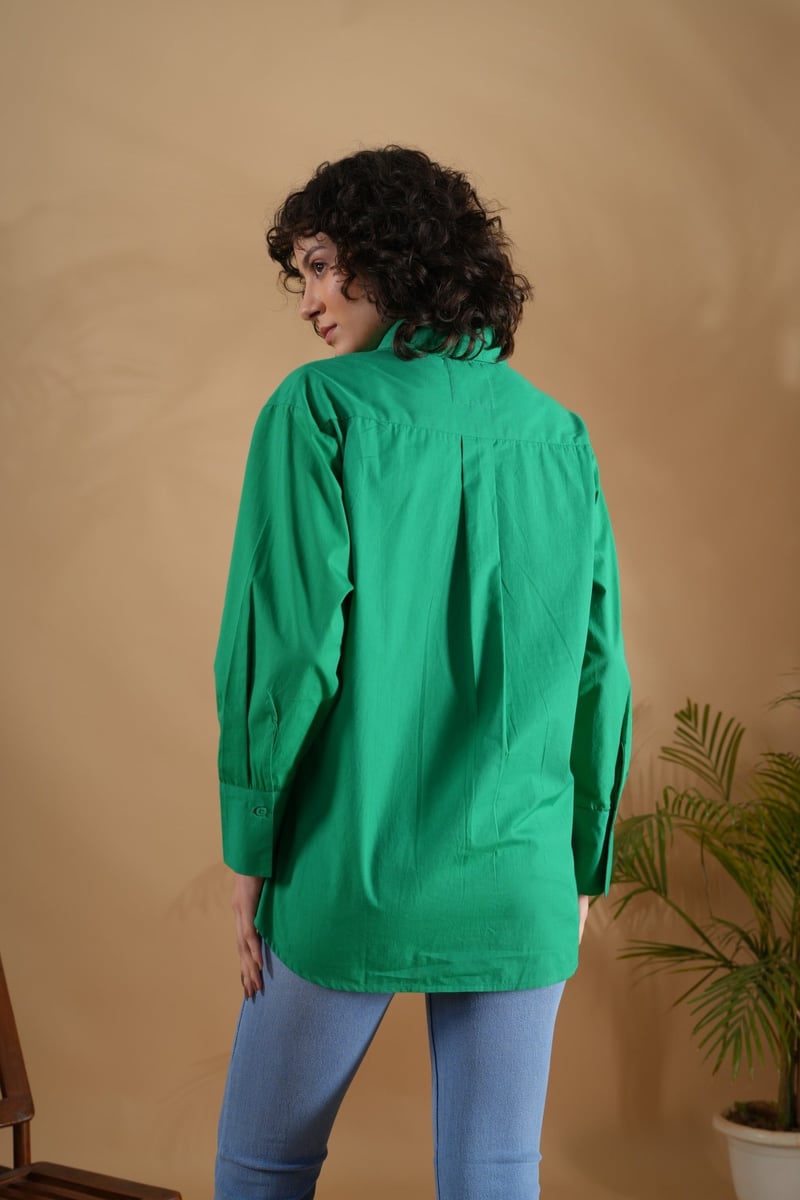 Green Cotton Comfort Fit Embroidered Shirt