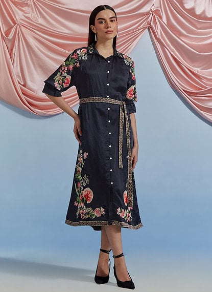 Black Linen Satin Midi Shirt Dress with Floral Embroidery