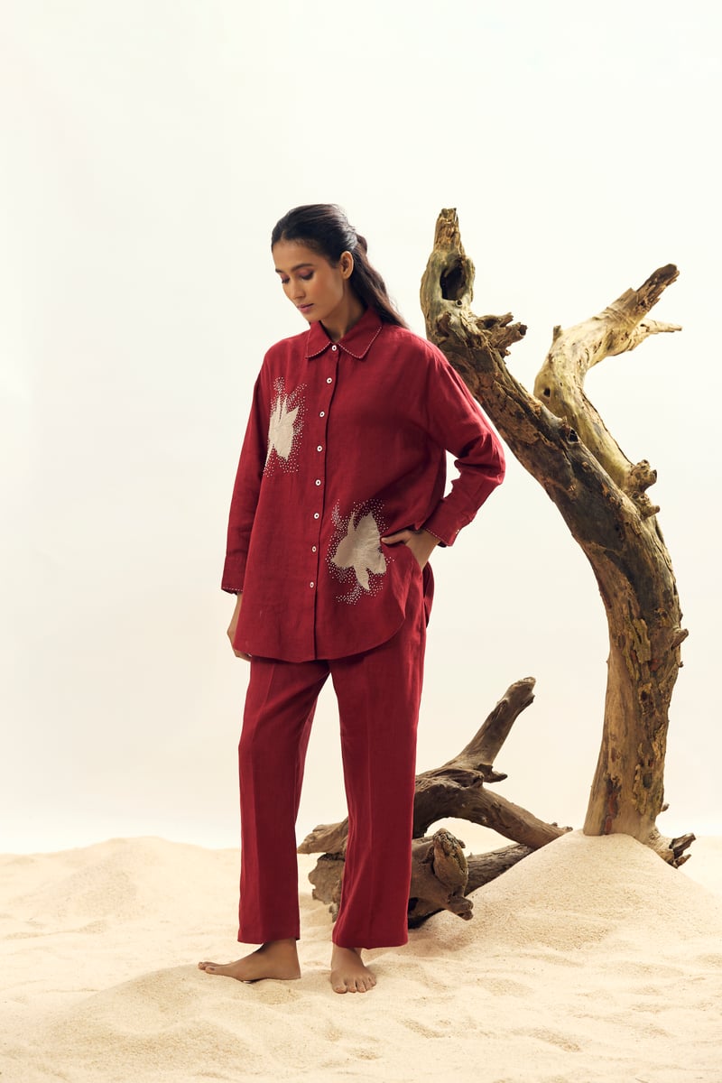 Crimson Linen Shirt and Trousers Co-ord Set