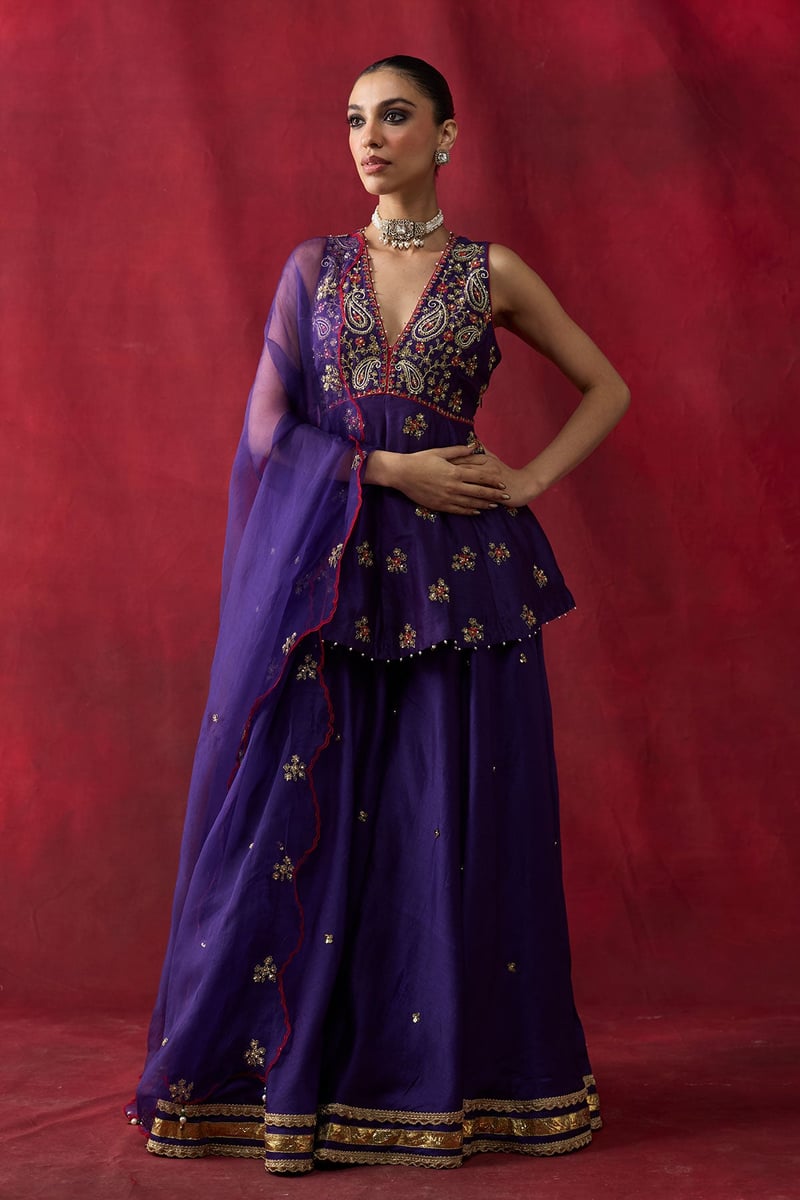 Purple Silk Chanderi Peplum and Sharara Co-ord Set