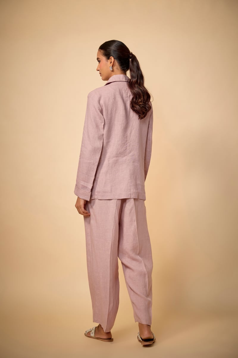 Pink Linen Tailored Blazer with Front Illustration Detail