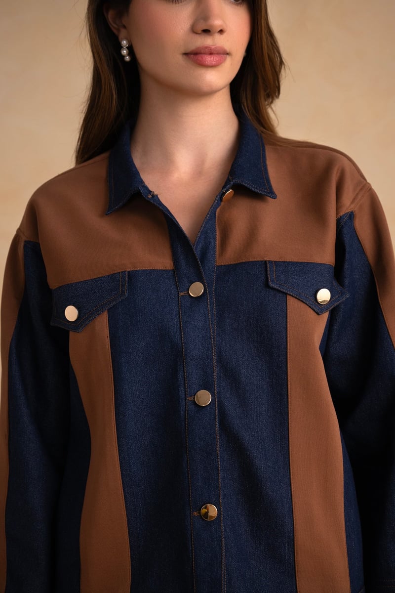 Indigo Denim and Tan Suede Colorblock Co-ord Set