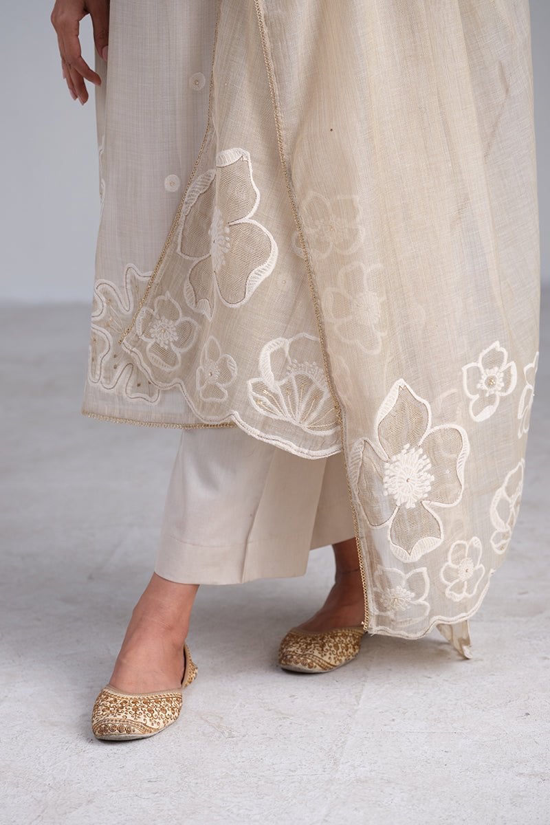 Fog Beige Straight Kurta Set with Handwork and Dupatta