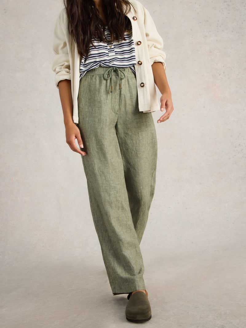 Mid Green Linen Wide-Leg Drawstring Trousers