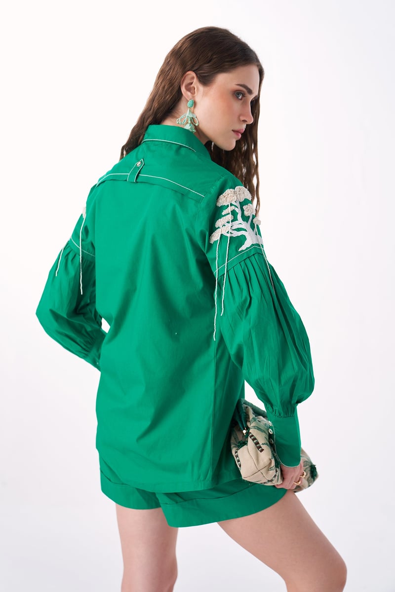 Emerald Cotton Twill Embroidered Statement Sleeve Shirt