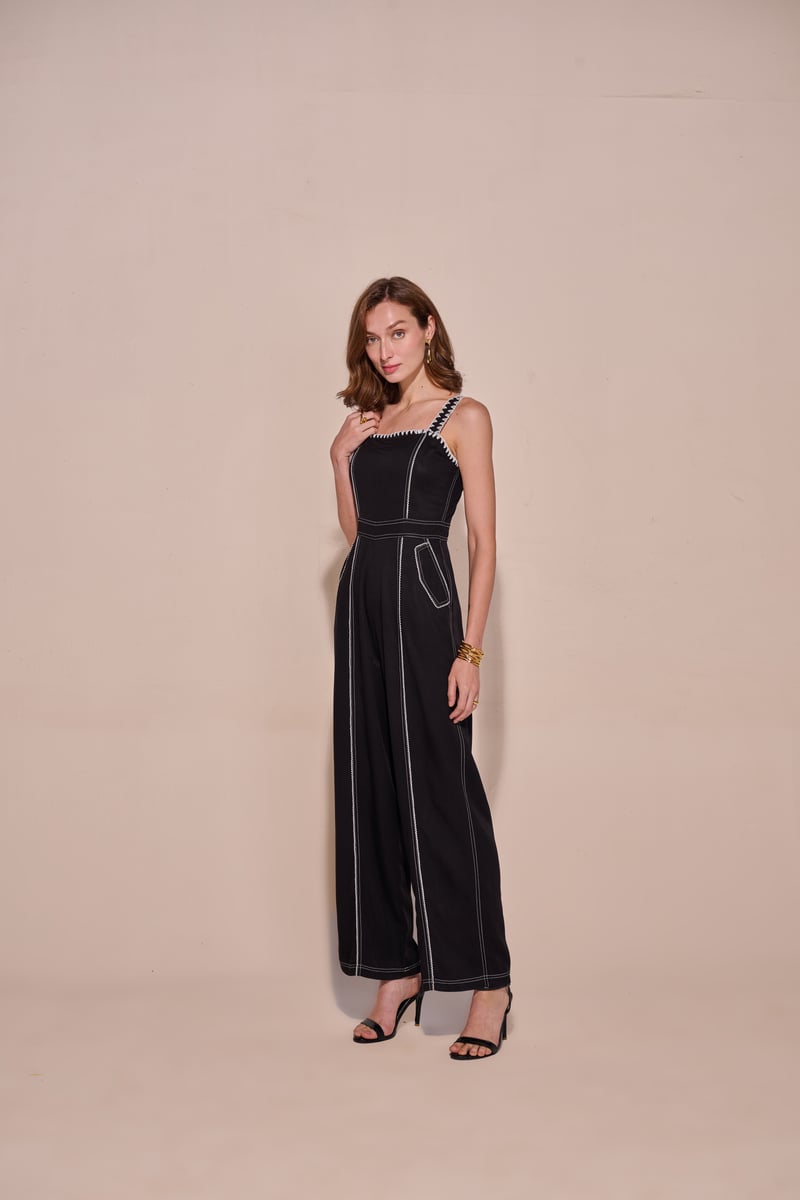 Black Square Neck Wide-Leg Jumpsuit with Contrast Stitching