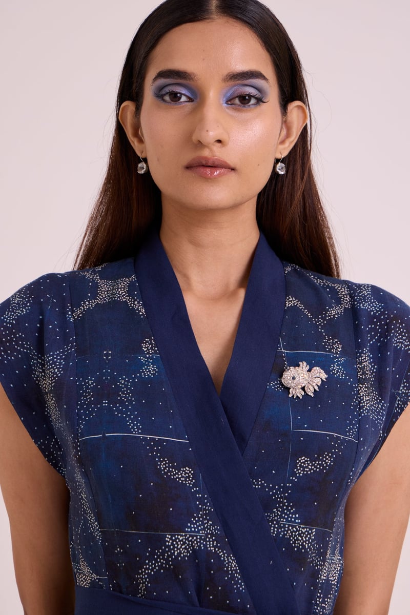 Indigo Printed Linen Wrap Midi Dress with Tie Belt