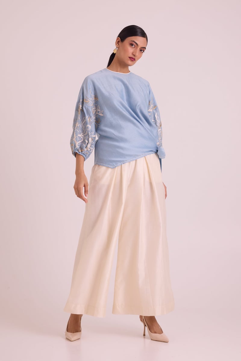 Blue Chanderi Silk Tie-Up Top with Embroidered Sleeves