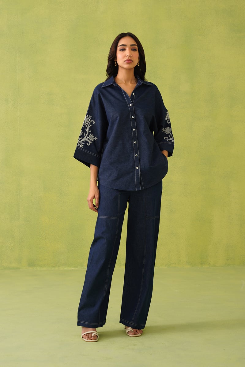 Denim Blue Embroidered Shirt and Wide-Leg Co-ord Set