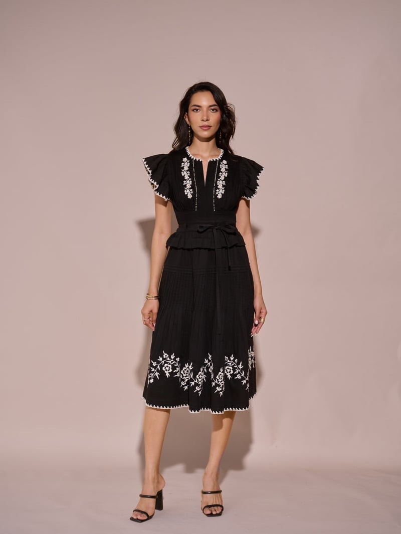Black Embroidered Fit and Flare Midi Dress