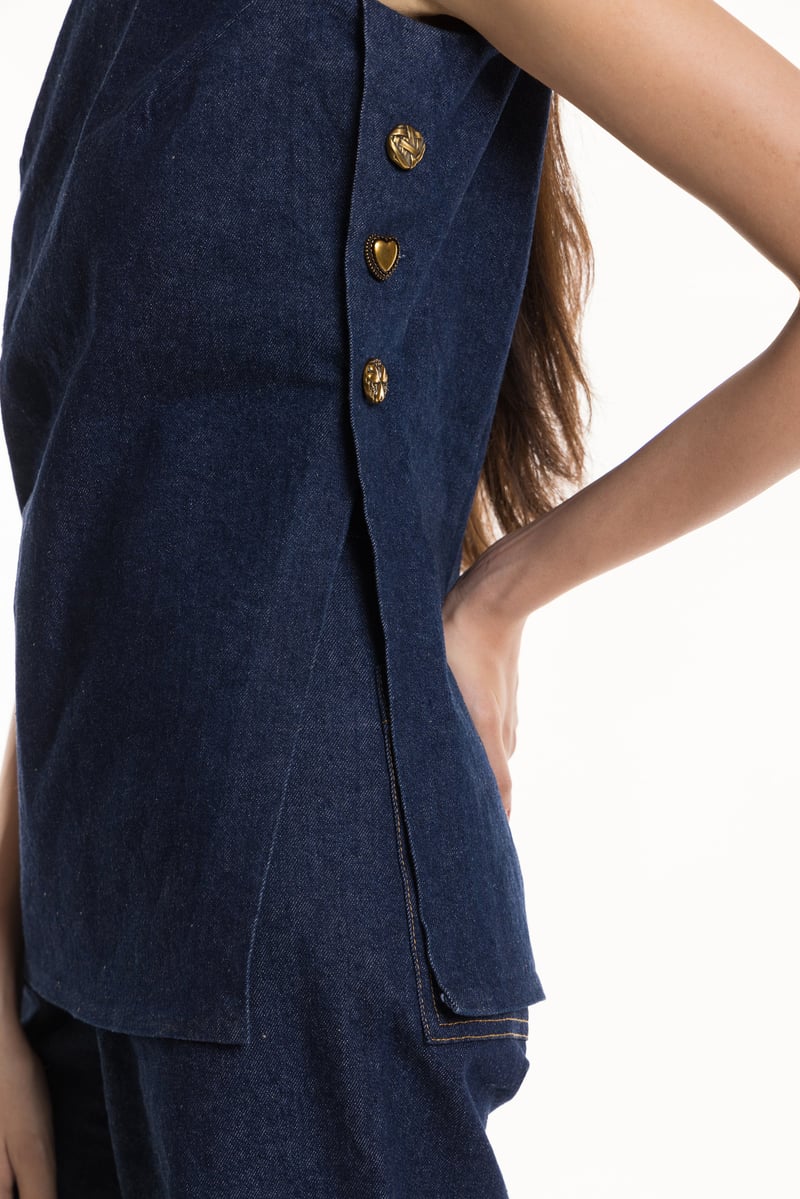 Denim Blue Sleeveless Side-Button Longline Top