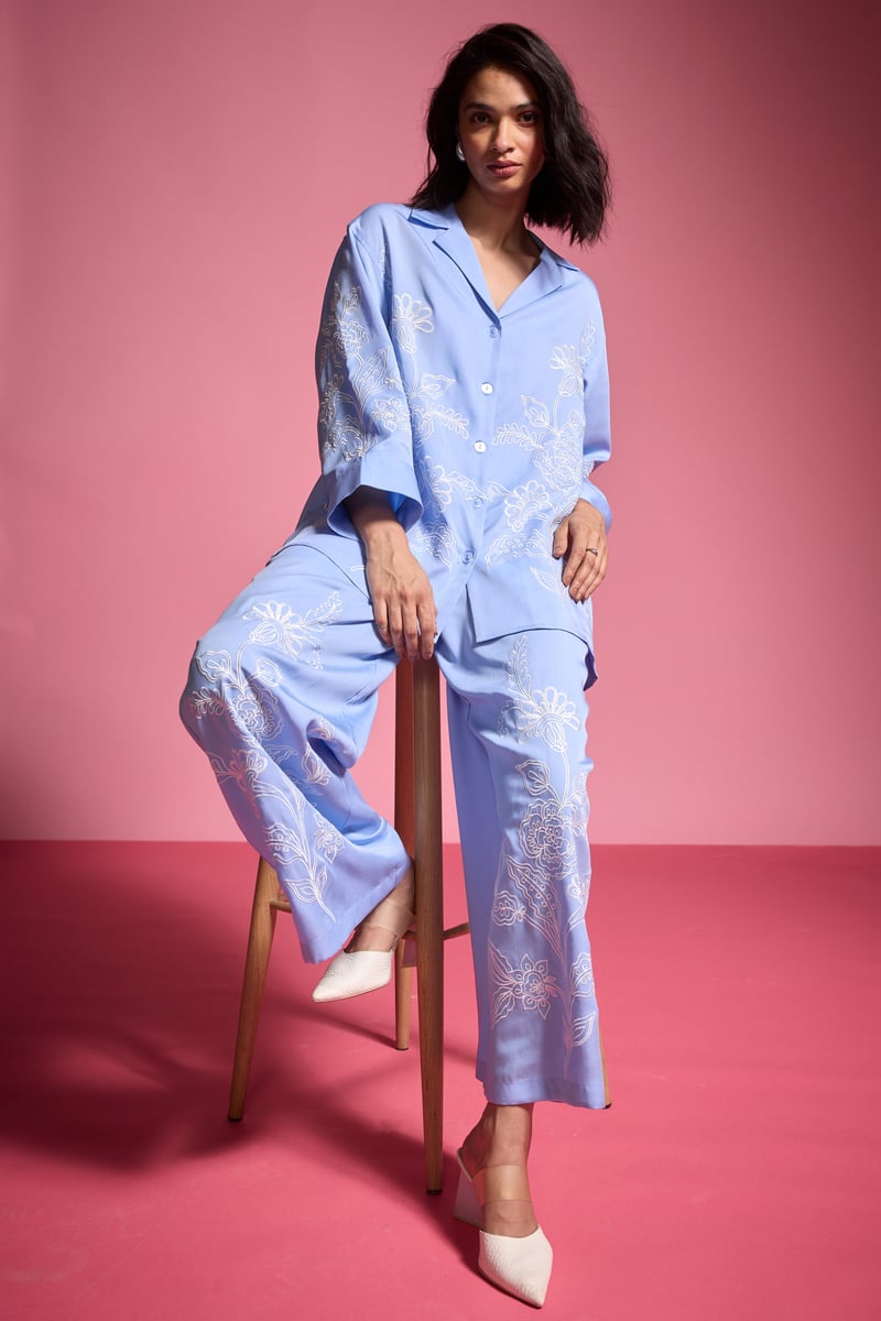 Pastel Blue Tencel Straight-Leg Embroidered Trousers