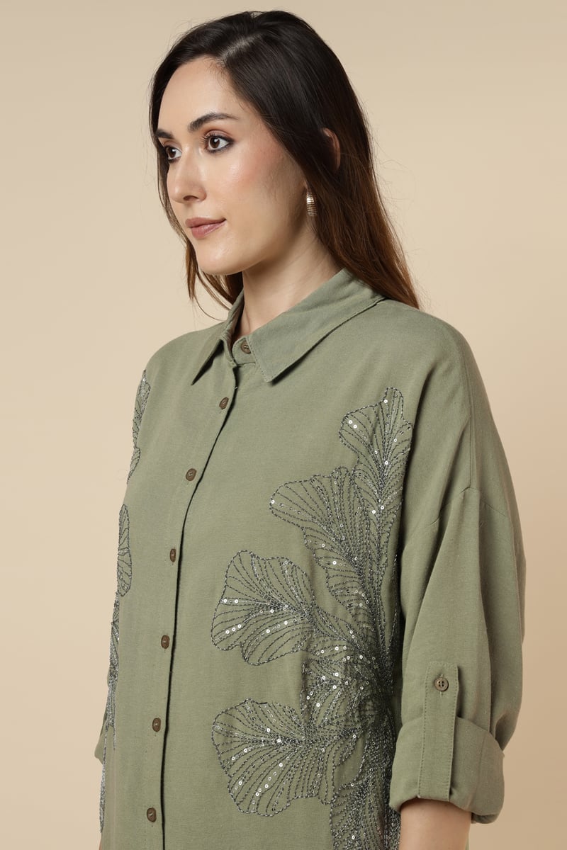 Green Longline Shirt with Sequin Foliage Motif