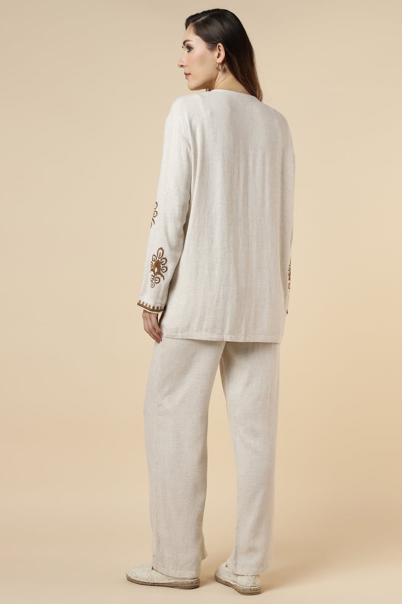 Natural Cotton Shrug and Wide-Leg Pants Co-ord Set