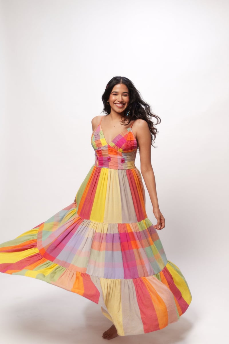 Multicolor Colorblocked Tiered Maxi Dress with Embroidery